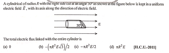 A cylindrical of radius R with the right side cut at an angle 30°as shown in the figure below is kept in a uniform
electric field Ē, with its axis along the direction of electric field.
30°
E
The total electric flux linked with the entire cylinder is
(a) 0
(6) -(AR²E/3)/2 ) -rk°E/2
(d) TR²E
[H.C.U.-2011]
