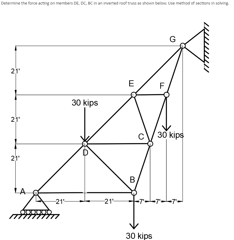 Determine the force acting on members DE, DC, BC in an inverted roof truss as shown below. Use method of sections in solving.
G
21'
E
F
30 kips
21'
C
30 kips
D
21'
B
LA
-21-
-21-
7--7'--7'
30 kips
