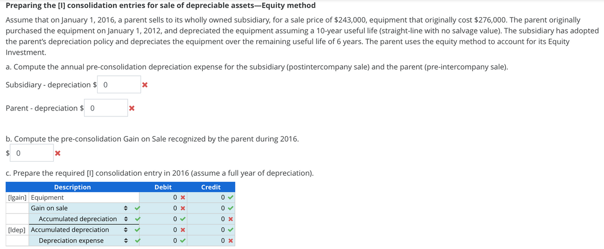 Preparing the [I] consolidation entries for sale of depreciable assets-Equity method
Assume that on January 1, 2016, a parent sells to its wholly owned subsidiary, for a sale price of $243,000, equipment that originally cost $276,000. The parent originally
purchased the equipment on January 1, 2012, and depreciated the equipment assuming a 10-year useful life (straight-line with no salvage value). The subsidiary has adopted
the parent's depreciation policy and depreciates the equipment over the remaining useful life of 6 years. The parent uses the equity method to account for its Equity
Investment.
a. Compute the annual pre-consolidation depreciation expense for the subsidiary (postintercompany sale) and the parent (pre-intercompany sale).
Subsidiary-depreciation $ 0
Parent depreciation $ 0
b. Compute the pre-consolidation Gain on Sale recognized by the parent during 2016.
$ 0
c. Prepare the required [I] consolidation entry in 2016 (assume a full year of depreciation).
Description
Debit
Credit
[Igain] Equipment
0 ×
0
Gain on sale
0 ×
0 ✓
Accumulated depreciation ✰
0
0 ×
[Idep] Accumulated depreciation
0 ×
0 ☑
Depreciation expense
0 ✓
0 ×