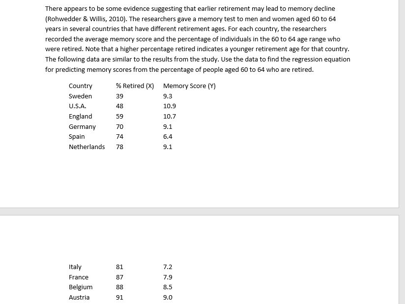 There appears to be some evidence suggesting that earlier retirement may lead to memory decline
(Rohwedder & Willis, 2010). The researchers gave a memory test to men and women aged 60 to 64
years in several countries that have different retirement ages. For each country, the researchers
recorded the average memory score and the percentage of individuals in the 60 to 64 age range who
were retired. Note that a higher percentage retired indicates a younger retirement age for that country.
The following data are similar to the results from the study. Use the data to find the regression equation
for predicting memory scores from the percentage of people aged 60 to 64 who are retired.
Country
% Retired (X) Memory Score (Y)
Sweden
39
9.3
U.S.A.
48
10.9
England
59
10.7
Germany
70
9.1
Spain
74
6.4
Netherlands
78
9.1
Italy
81
7.2
France
87
7.9
Belgium
88
8.5
Austria
91
9.0
