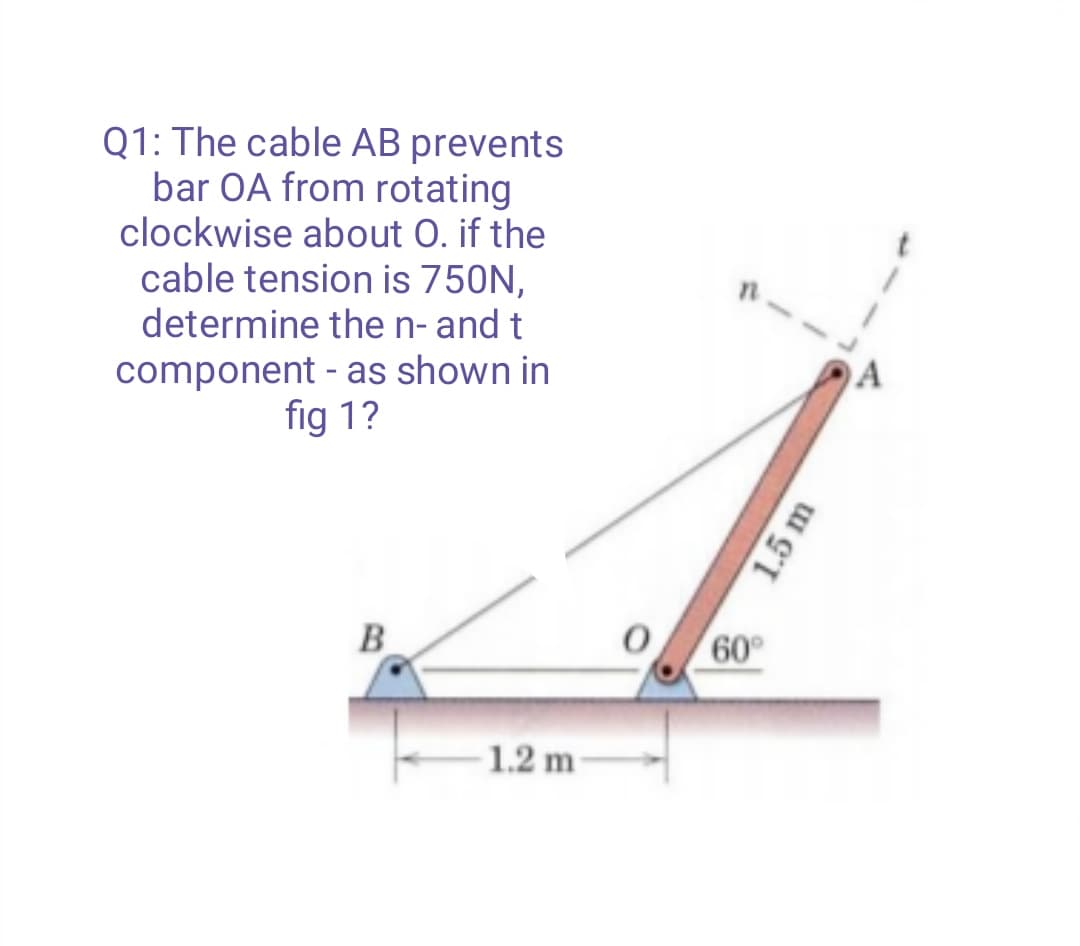 Q1: The cable AB prevents
bar OA from rotating
clockwise about O. if the
cable tension is 750N,
determine the n- and t
component - as shown in
fig 1?
B
60
1.2 m
1.5 m
