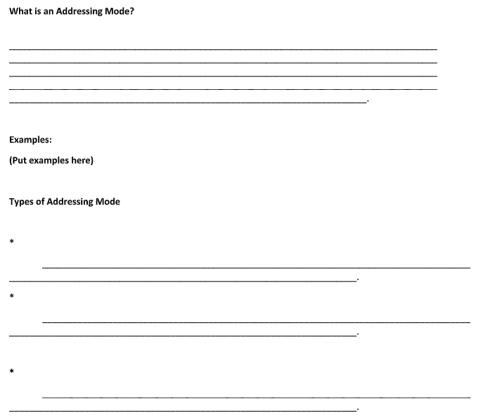 What is an Addressing Mode?
Examples:
(Put examples here)
Types of Addressing Mode
