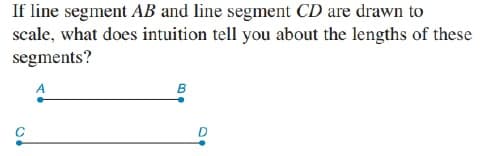 If line segment AB and line segment CD are drawn to
scale, what does intuition tell you about the lengths of these
segments?
B
