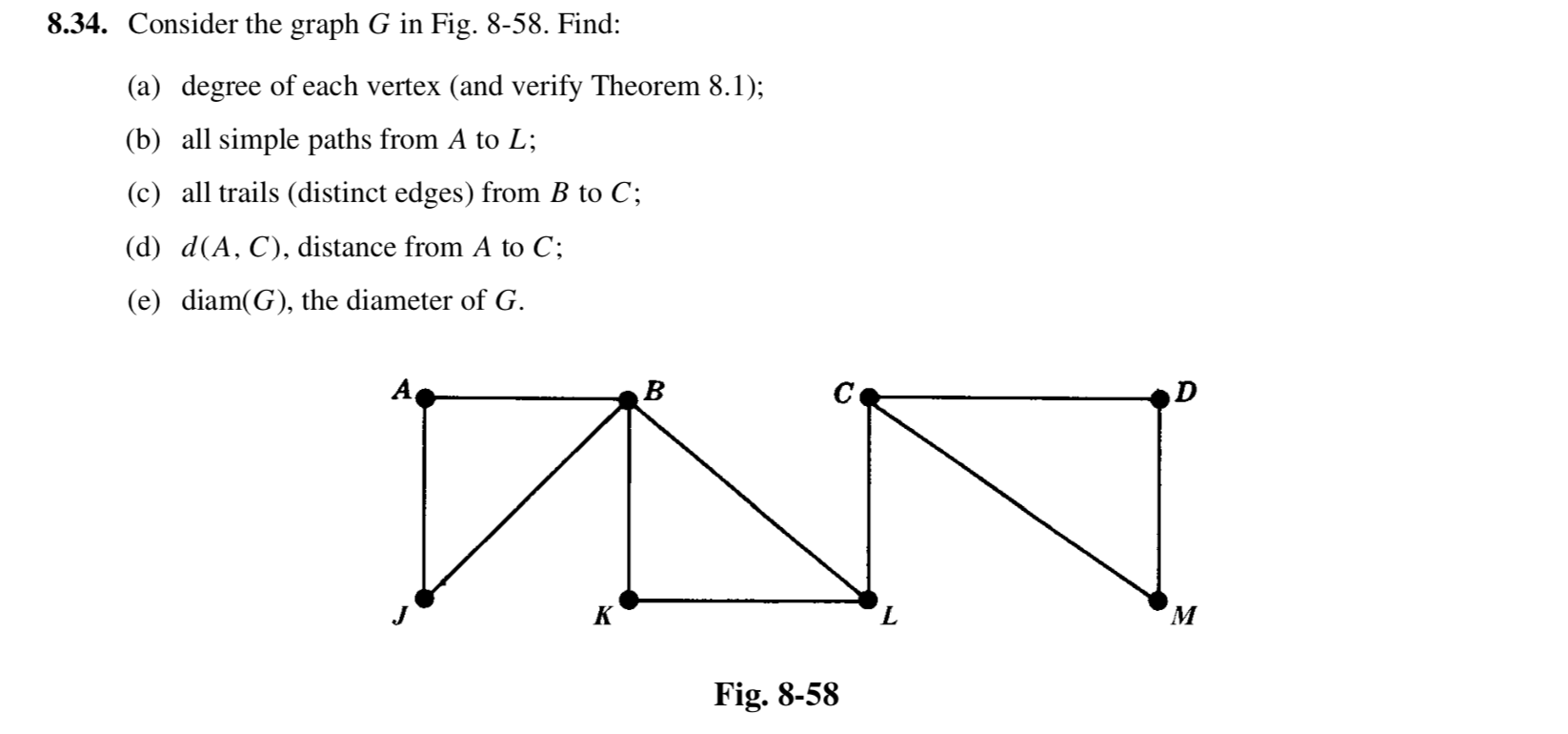 Consider the graph G in Fig. 8-58. Find:
(a) degree of each vertex (and verify Theorem 8.1);
(b) all simple paths from A to L;
(c) all trails (distinct edges) from B to C;
(d) d(A, C), distance from A to C;
