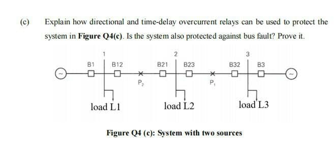 (c)
Explain how directional and time-delay overcurrent relays can be used to protect the
system in Figure Q4(c). Is the system also protected against bus fault? Prove it.
2
3
B1
B12
B21
B23
B32
B3
P,
load L1
load L2
load L3
Figure Q4 (c): System with two sources

