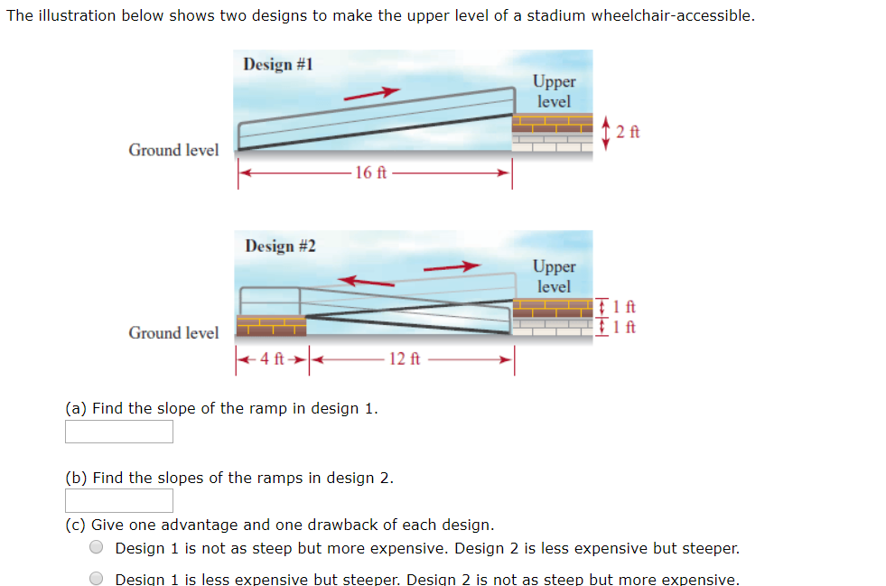The illustration below shows two designs to make the upper level of a stadium wheelchair-accessible.
Design #1
Upper
level
2 ft
Ground level
– 16 ft
Design #2
Upper
level
Tift
Ground level
LIT 1 ft
4 ft
12 ft
(a) Find the slope of the ramp in design 1.
(b) Find the slopes of the ramps in design 2.
(c) Give one advantage and one drawback of each design.
O Design 1 is not as steep but more expensive. Design 2 is less expensive but steeper.
O Design 1 is less expensive but steeper. Design 2 is not as steep but more expensive.
