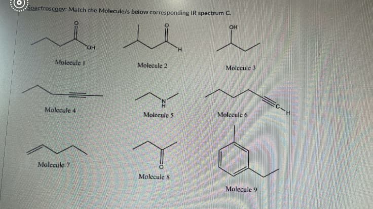 Spectroscopy: Match the Molecule/s below corresponding IR spectrum C.
OH
CHO.
H.
Molecule I
Molecule 2
Molccule 3
Molecule 4
Molecule 5
Molecule 6
Molecule 7
Molecule 8
Molecule 9
