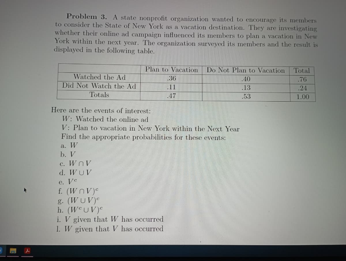 Problem 3. A state nonprofit organization wanted to encourage its members
to consider the State of New York as a vacation destination. They are investigating
whether their online ad campaign influenced its members to plan a vacation in New
York within the next year. The organization surveyed its members and the result is
displayed in the following table.
Plan to Vacation
Do Not Plan to Vacation
Total
Watched the Ad
.36
.40
.76
Did Not Watch the Ad
.11
.13
.24
Totals
.47
.53
1.00
Here are the events of interest:
W: Watched the online ad
V: Plan to vacation in New York within the Next Year
Find the appropriate probabilities for these events:
a. W
b. V
c. WnV
d. WUV
e. Vc
f. (WnV)e
g. (WUV)e
h. (WCUV)e
i. V given that W has occurred
1. W given that V has occurred
