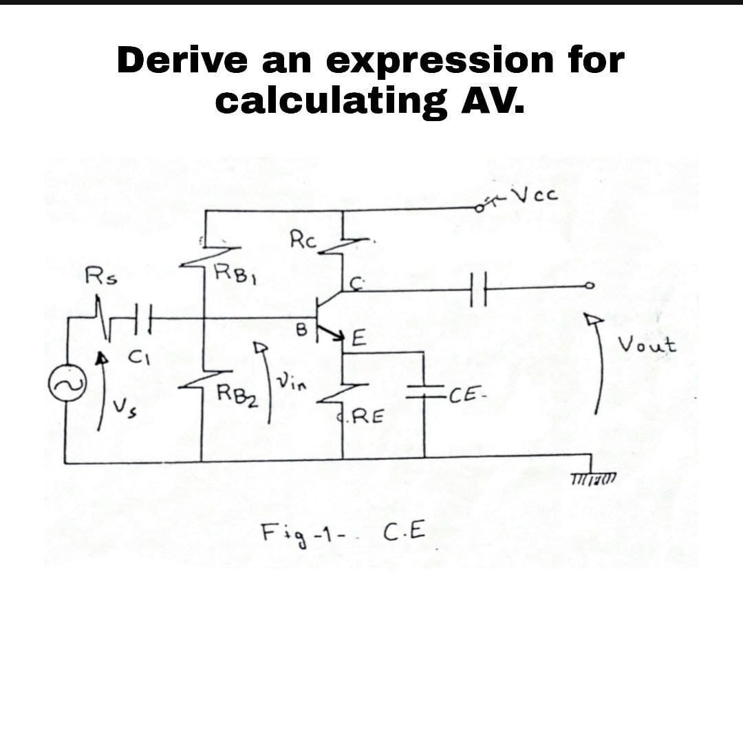 Derive an expression for
calculating AV.
*Vcc
Rc
Rs
Vout
Vin
RBZ
CE-
Vs
d.RE
Fig-1-. C.E
E.
