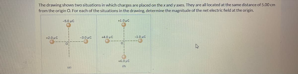The drawing shows two situations in which charges are placed on the x and y axes. They are all located at the same distance of 5.00 cm
from the origin O. For each of the situations in the drawing, determine the magnitude of the net electric field at the origin.
-l.0 μC
+1.0 uC
+2.0 uC
-3.0 µC
+4.0 µC
-1.0 uC
o!
+6.0 uC
(b)
(a)
