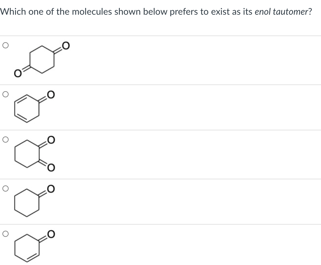Which one of the molecules shown below prefers to exist as its enol tautomer?
