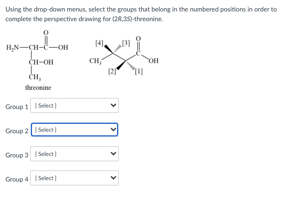 Using the drop-down menus, select the groups that belong in the numbered positions in order to
complete the perspective drawing for (2R,3S)-threonine.
[4],
3]
Н.N—CH-С—ОН
CH-ОН
CH,
..."
ОН
[2]
ČH3
threonine
Group 1 [ Select ]
Group 2 | [ Select ]
Group 3 [ Select ]
Group 4 [ Select ]
>
>
