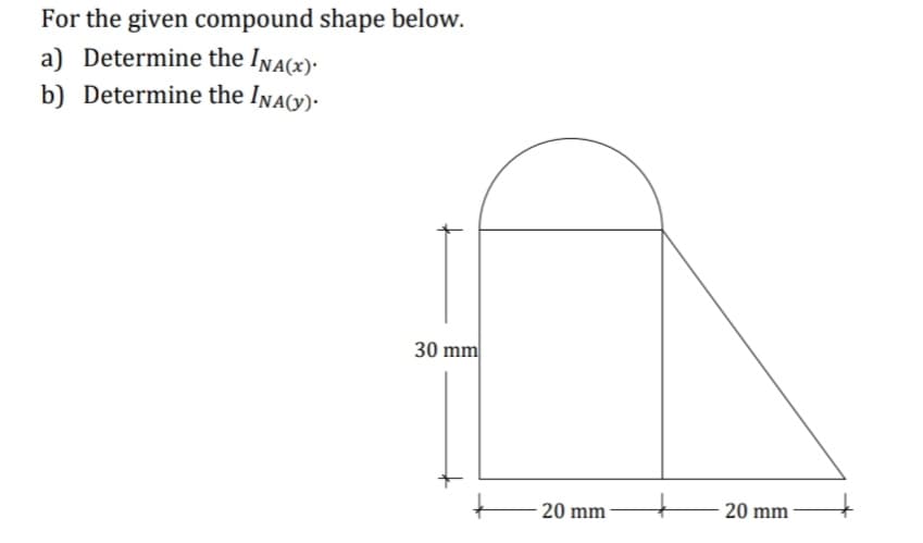 For the given compound shape below.
a) Determine the Ina(x)-
b) Determine the Ina(v)·
30 mm
20 mm
20 mm
t
