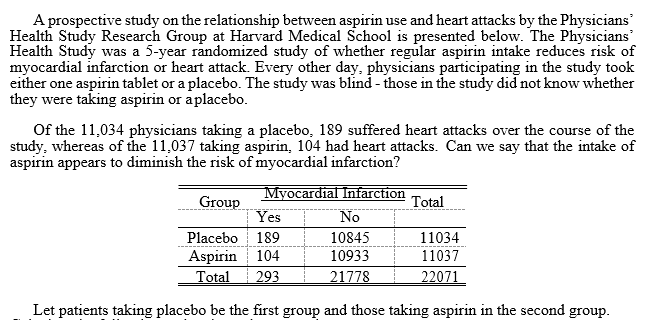 A prospective study on the relationship between aspirin use and heart attacks by the Physicians'
Health Study Research Group at Harvard Medical School is presented below. The Physicians
Health Study was a 5-year randomized study of whether regular aspirin intake reduces risk of
myocardial infarction or heart attack. Every other day, physicians participating in the study took
either one aspirin tablet or a placebo. The study was blind - those in the study did not know whether
they were taking aspirin or aplacebo.
Of the 11,034 physicians taking a placebo, 189 suffered heart attacks over the course of the
study, whereas of the 11,037 taking aspirin, 104 had heart attacks. Can we say that the intake of
aspirin appears to diminish the risk of myocardial infarction?
Myocardial Infarction
Total
No
Group
Yes
Placebo 189
Aspirin 104
10845
11034
------
10933
11037
Total
293
21778
22071
Let patients taking placebo be the first group and those taking aspirin in the second group.
