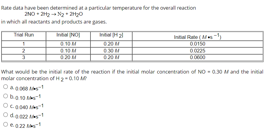 Rate data have been determined at a particular temperature for the overall reaction
2NO + 2H2 → N2 + 2H2O
in which all reactants and products are gases.
Trial Run
Initial [NO]
Initial [H 2]
Initial Rate ( M•s1)
1
0.10 M
0.20 M
0.0150
2
0.10 M
0.30 M
0.0225
3
0.20 M
0.20 M
0.0600
What would be the initial rate of the reaction if the initial molar concentration of NO = 0.30 M and the initial
molar concentration of H 2 = 0.10 M?
О а. 0.068 Мes-1
O b.0.10 Mos-1
O c. 0.040 M•s-1
O d. 0.022 Mos-1
O e. 0.22 Mos-1
