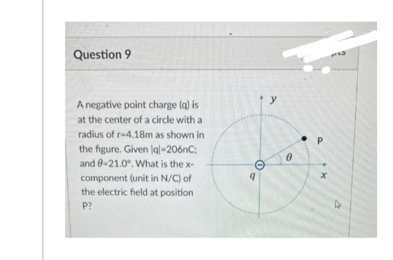 Question 9
A negative point charge (q) is
at the center of a circle with a
radius of r-4.18m as shown in
the figure. Given lql=206nC;
and 0-21.0°. What is the x-
component (unit in N/C) of
the electric field at position
P?
0
y
P
X