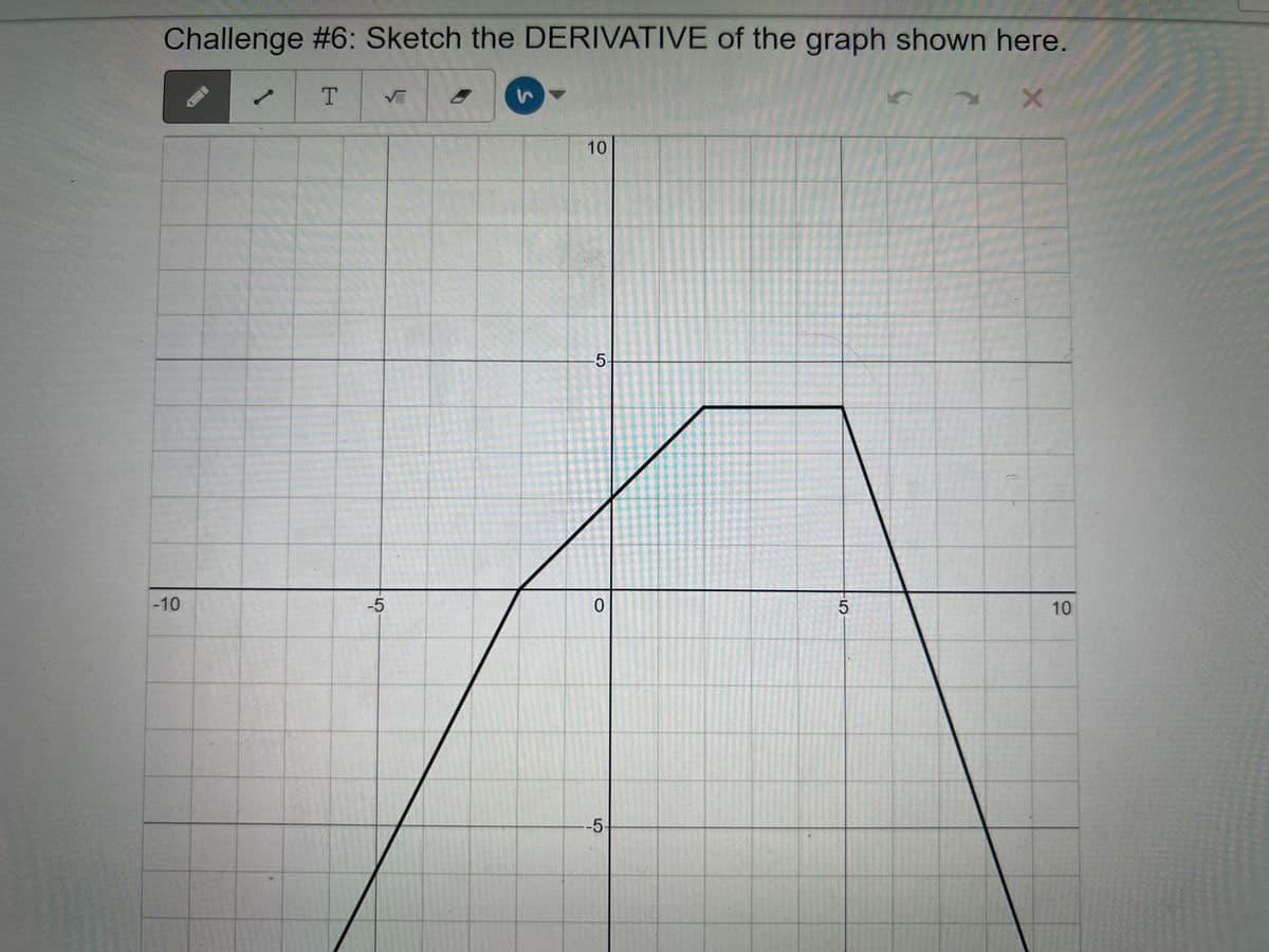 Challenge #6: Sketch the DERIVATIVE of the graph shown here.
T
X
-10
√
-5
8
10
LO
5
0
-5
5
10