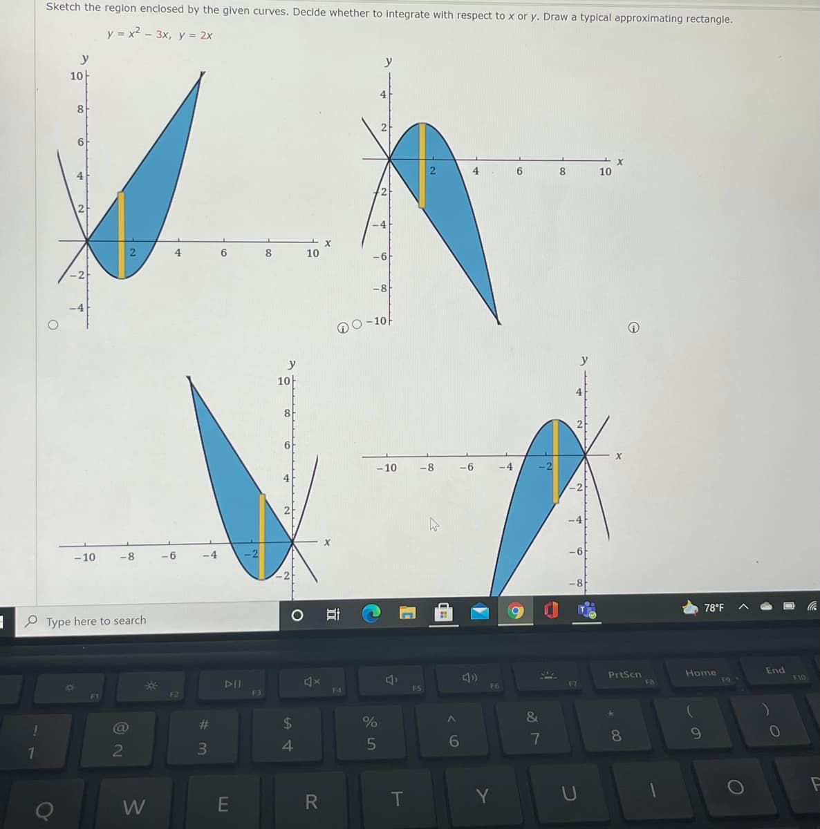 Sketch the region enclosed by the given curves. Declde whether to integrate with respect to x or y. Draw a typical approximating rectangle.
y = x2 - 3x, y = 2x
y
10
4
8
4
8
10
4.
8
10
-10-
y
10-
4
8
6
-10
-8
-6
-4
- 10
-8
-4
78°F
e Type here to search
End
PrtScn
FB
Home
F9
F10
DII
F6
F7
F4
F5
F2
F3
@
%23
$4
%
7
8
3.
4
W
E
T
