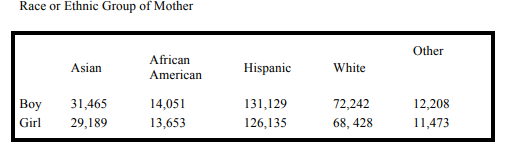 Race or Ethnic Group of Mother
Other
African
American
Asian
Hispanic
White
Вoy
31,465
14,051
131,129
72,242
12,208
Girl
29,189
13,653
126,135
68, 428
11,473

