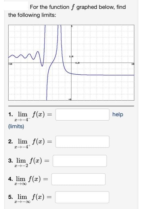 For the function f graphed below, find
the following limits:
my
10
1. lim f(x)
x→-4
(limits)
=
2. lim f(x) =
x→-4+
3. lim f(x) =
x4-2
4. lim f(x) =
x48
5. lim f(x) =
1,9
help