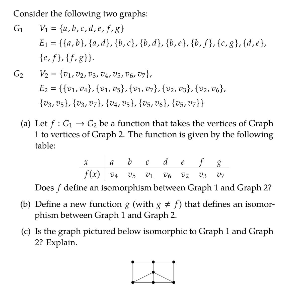 Consider the following two graphs:
V1 = {a,b,c,d,e, f,g}
E1 = {{a,b}, {a, d},{b,c}, {b,d}, {b,e},{b,f},{c,g},{d,e},
{e, f},{f,g}}.
G1
G2
V2 = {v1, V2, V3, V4, V5, V6, V7},
E2 = {{v1, v4}, {v1, v5}, {V1, v7}, {v2, V3}, {V2, V6},
{V3, V5}, {V3, V7},{v4, V5}, {U5, V6},{v5, 07}}
→ G2 be a function that takes the vertices of Graph
(a) Let f : G1
1 to vertices of Graph 2. The function is given by the following
table:
b
d
e
f
a
C
f(x) | v4
V5
V1
V6
V2
V3
V7
Does f define an isomorphism between Graph 1 and Graph 2?
(b) Define a new function g (with g ± f) that defines an isomor-
phism between Graph 1 and Graph 2.
(c) Is the graph pictured below isomorphic to Graph 1 and Graph
2? Explain.
