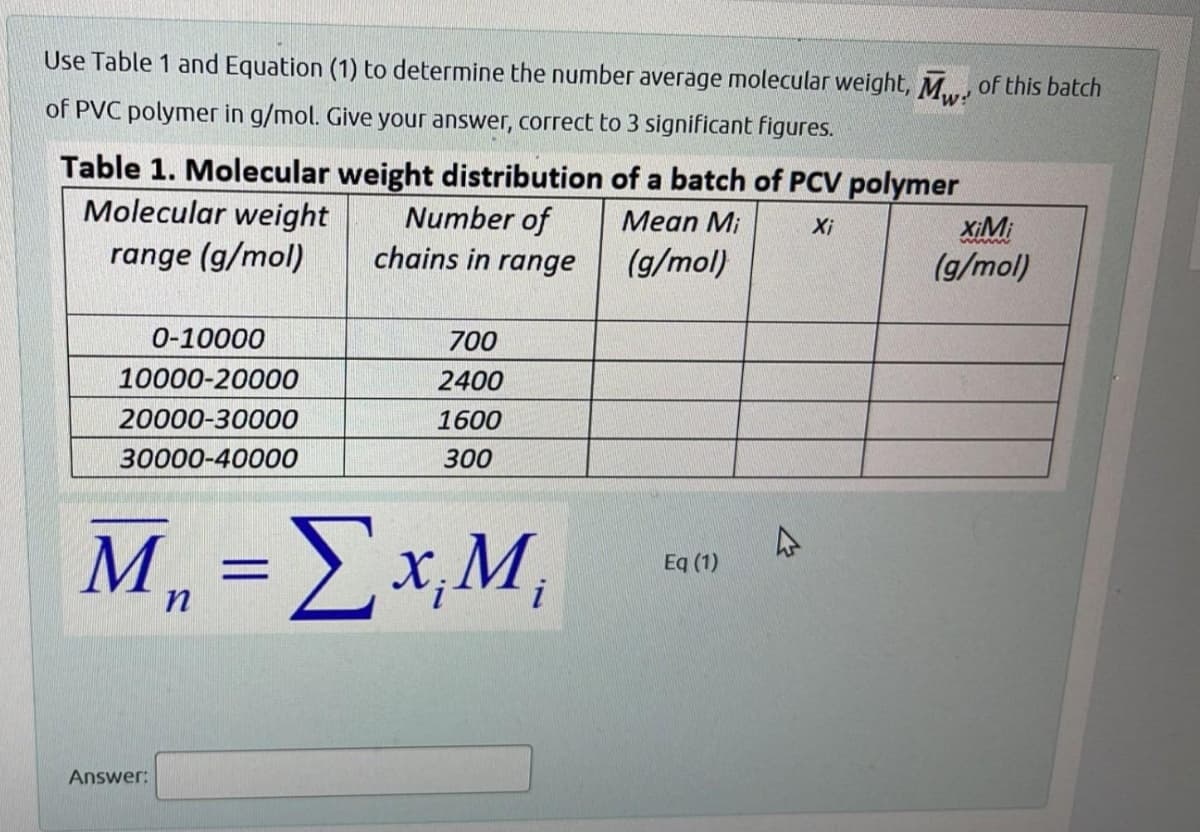 Use Table 1 and Equation (1) to determine the number average molecular weight, M. of this batch
of PVC polymer in g/mol. Give your answer, correct to 3 significant figures.
Table 1. Molecular weight distribution of a batch of PCV polymer
Number of
Xi
Molecular weight
range (g/mol)
Mean Mi
(g/mol)
chains in range
0-10000
10000-20000
20000-30000
30000-40000
700
2400
1600
300
M₁ = Σx₁M₁
n
Answer:
Eq (1)
4
xiMi
(g/mol)