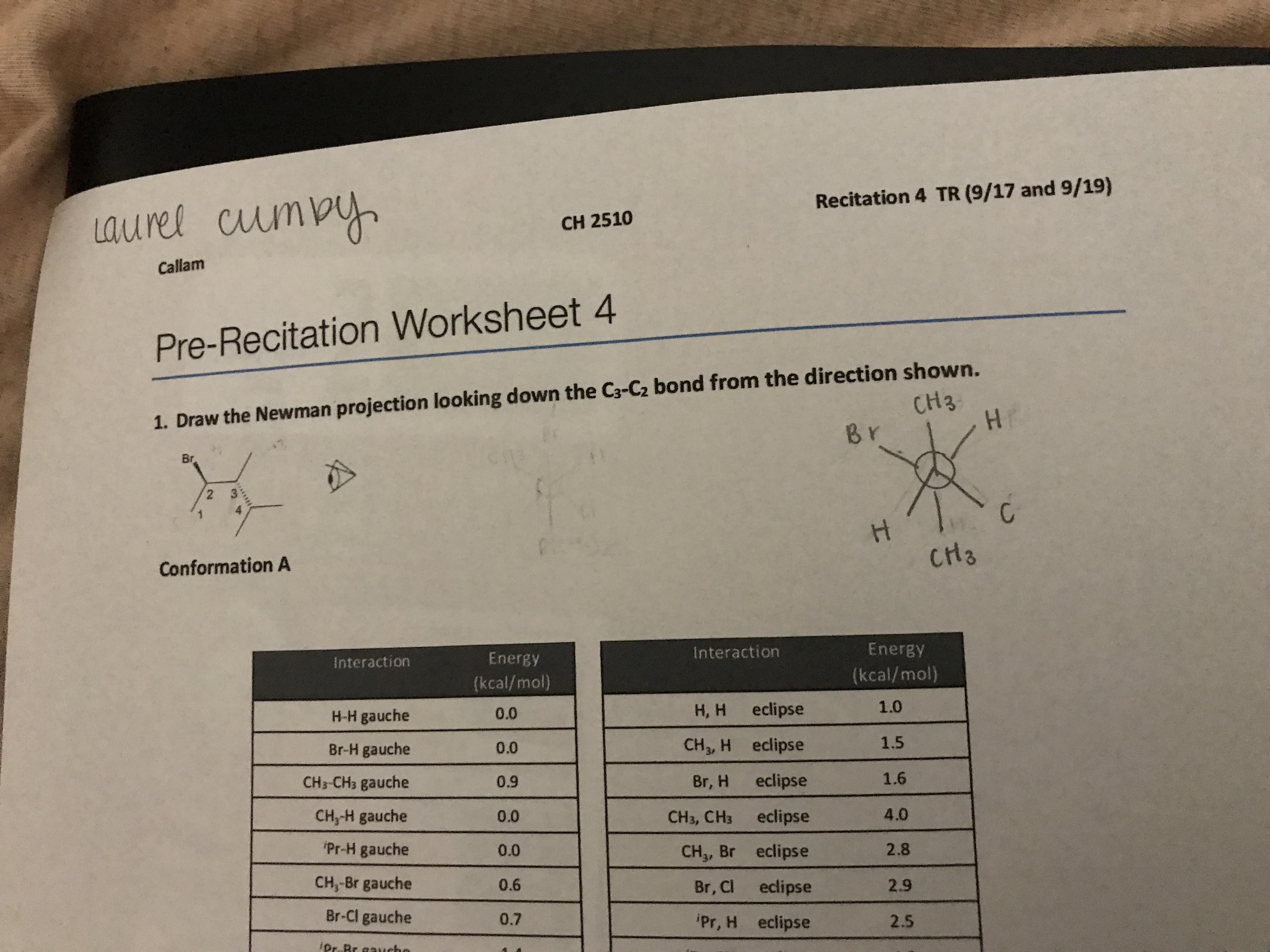 Recitation 4 TR (9/17 and 9/19)
aurel cumpy
CH 2510
Callam
Pre-Recitation Worksheet 4
1. Draw the Newman projection looking down the C3-Cz bond from the direction shown.
HH
CH3
Br
Br
2
CH3
Conformation A
Energy
Interaction
Energy
Interaction
(kcal/mol)
(kcal/mol)
1.0
Н, н
eclipse
0.0
H-H gauche
1.5
CH3, H eclipse
Br-H gauche
0.0
1.6
eclipse
CH3-CH3 gauche
Br, H
0.9
4.0
CH,-H gauche
eclipse
0.0
CH3, CH3
Pr-H gauche
2.8
0.0
CH3, Br eclipse
CH,-Br gauche
0.6
2.9
Br, Cl eclipse
Br-Cl gauche
0.7
Pr, H eclipse
2.5
iDr Br aaueho
I
