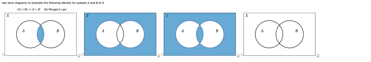 Use Venn diagrams to illustrate the following identity for subsets A and B of S.
(A U B)' = A'n B' De Morgan's Law
S
A
B
S
10.
A
B
S
A
B
40
S
A
B
∞