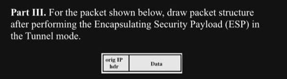 Part III. For the packet shown below, draw packet structure
after performing the Encapsulating Security Payload (ESP) in
the Tunnel mode.
orig IP
hdr
Data