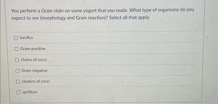 You perform a Gram stain on some yogurt that you made. What type of organisms do you
expect to see (morphology and Gram reaction)? Select all that apply..
bacillus
Gram-positive
chains of cocci
Gram-negative
clusters of cocci
spirllium