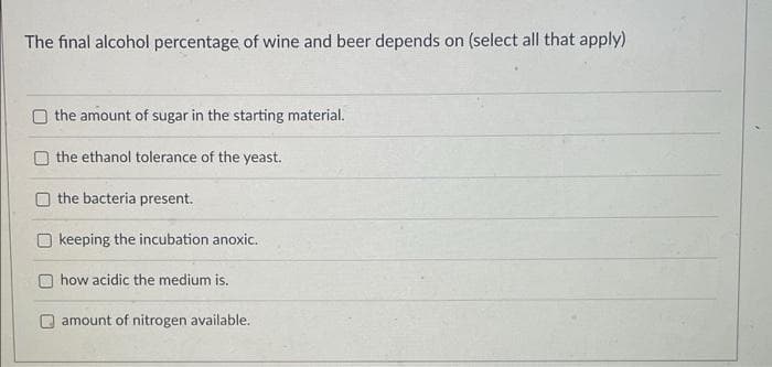 The final alcohol percentage of wine and beer depends on (select all that apply)
the amount of sugar in the starting material.
the ethanol tolerance of the yeast.
the bacteria present.
keeping the incubation anoxic.
how acidic the medium is.
amount of nitrogen available.
U