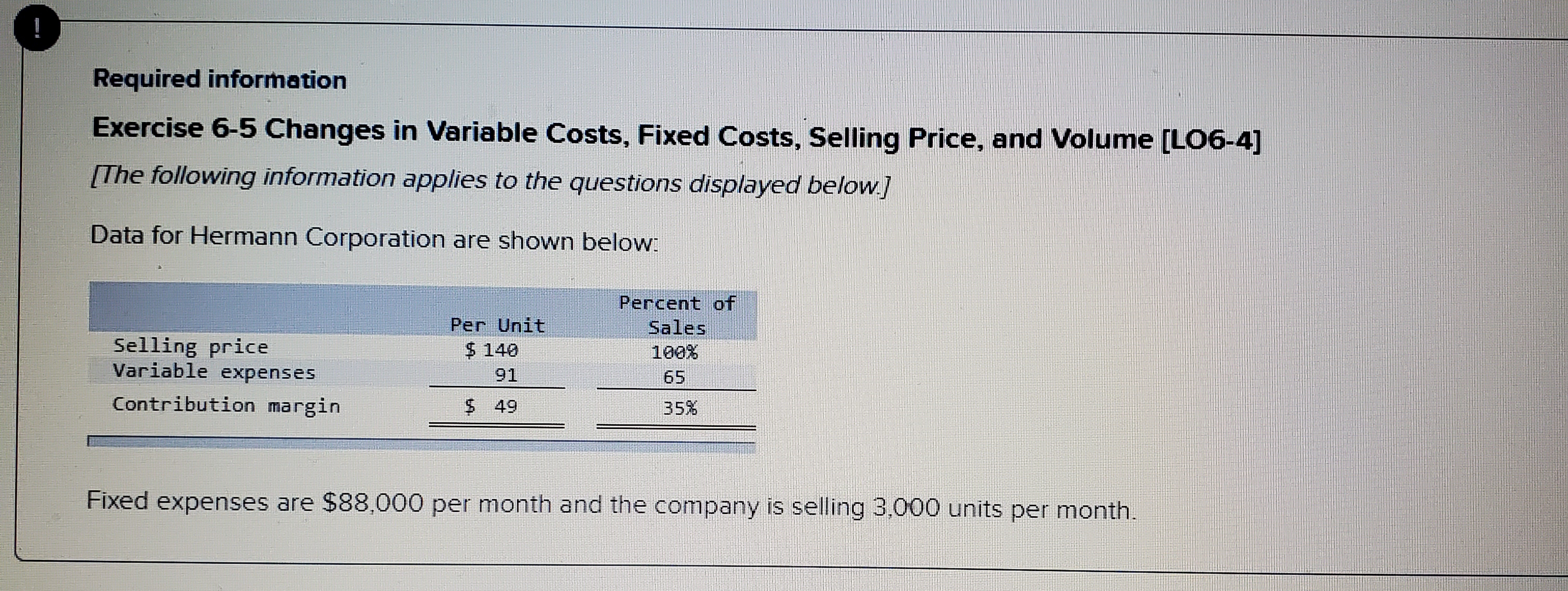 !
Required information
Exercise 6-5 Changes in Variable Costs, Fixed Costs, Selling Price, and Volume [LO6-4]
[The following information applies to the questions displayed below]
Data for Hermann Corporation are shown below:
Percent of
Sales
Per Unit
$ 140
Selling price
Variable expenses
100%
91
65
Contribution margin
$ 49
35%
Fixed expenses are $88,000 per month and the company is selling 3,000 units per month.
