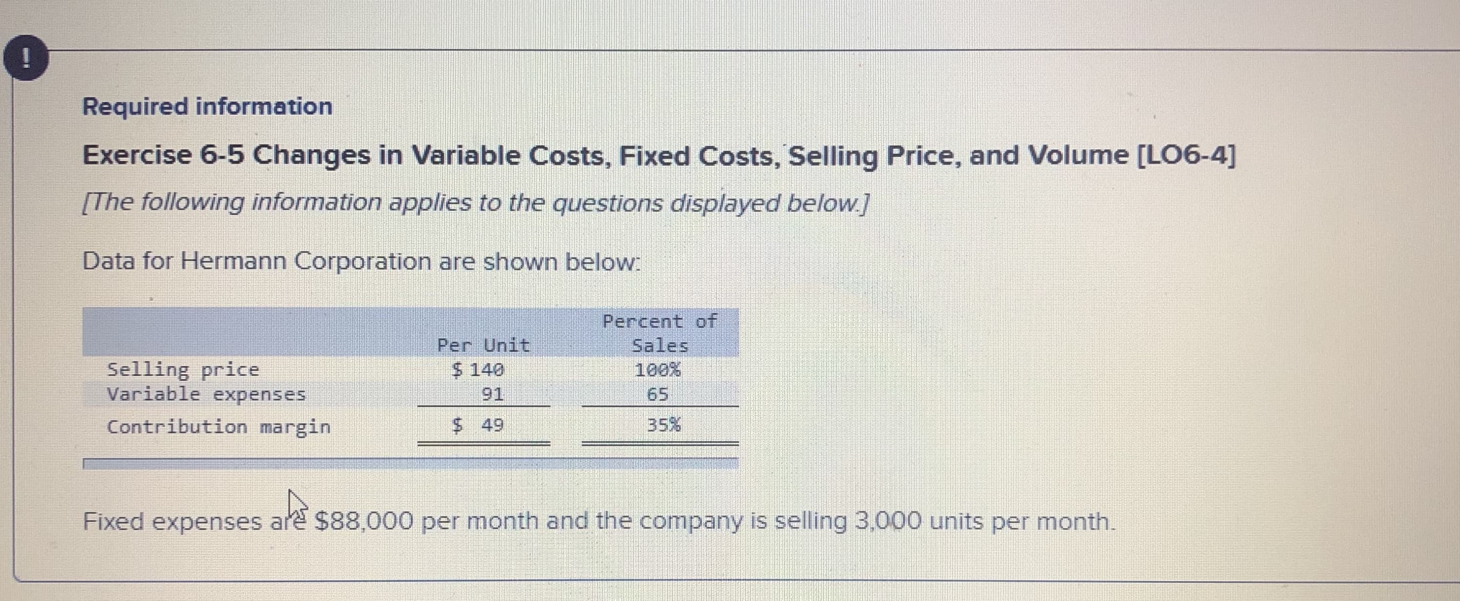 Required information
Exercise 6-5 Changes in Variable Costs, Fixed Costs, Selling Price, and Volume [LO6-4]
[The following information applies to the questions displayed below.]
Data for Hermann Corporation are shown below
Per Unit
$ 140
Percent of
Sales
100%
Selling price
Variable expenses
91
65
Contribution margin
$ 49
35%
Fixed expenses are $88,000 per month and the company is selling 3,000 units per month.
