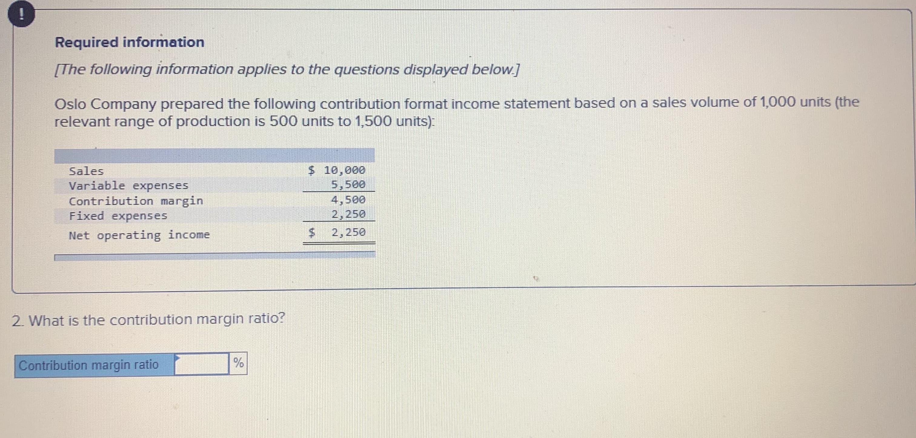 Required information
[The following information applies to the questions displayed below]
Oslo Company prepared the following contribution format income statement based on a sales volume of 1,000 units (the
relevant range of production is 500 units to 1,500 units):
$ 10,000
5,500
4,500
2,250
Sales
Variable expenses
Contribution margin
Fixed expenses
Net operating income
2,250
2. What is the contribution margin ratio?
Contribution margin ratio
