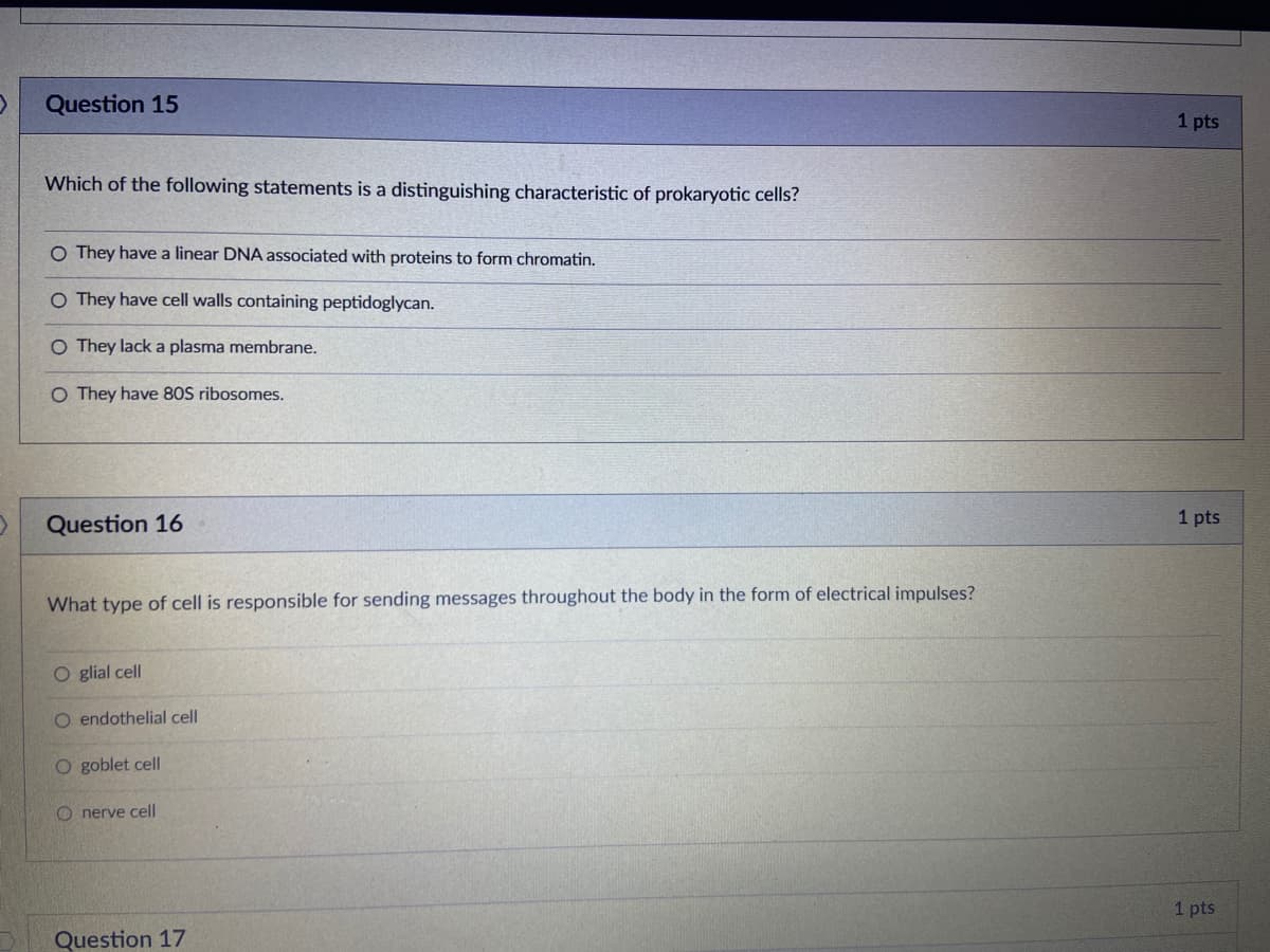 Question 15
1 pts
Which of the following statements is a distinguishing characteristic of prokaryotic cells?
O They have a linear DNA associated with proteins to form chromatin.
O They have cell walls containing peptidoglycan.
O They lack a plasma membrane.
O They have 80S ribosomes.
Question 16
1 pts
What type of cell is responsible for sending messages throughout the body in the form of electrical impulses?
O glial cell
O endothelial cell
O goblet cell
O nerve cell
1 pts
Question 17
