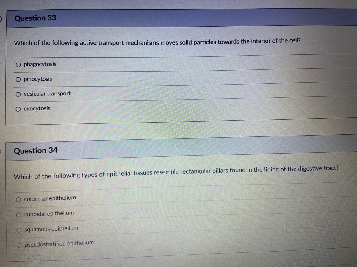 Question 33
Which of the following active transport mechanisms moves solid particles towards the interior of the cell?
O phagocytosis
O pinocytosis
O vesicular transport
O exocytosis
Question 34
Which of the following types of epithelial tissues resemble rectangular pillars found in the lining of the digestive tract?
O columnar epithelium
O cuboidal epithelium
O squamous epithelium
O pseudostratified épithelium
