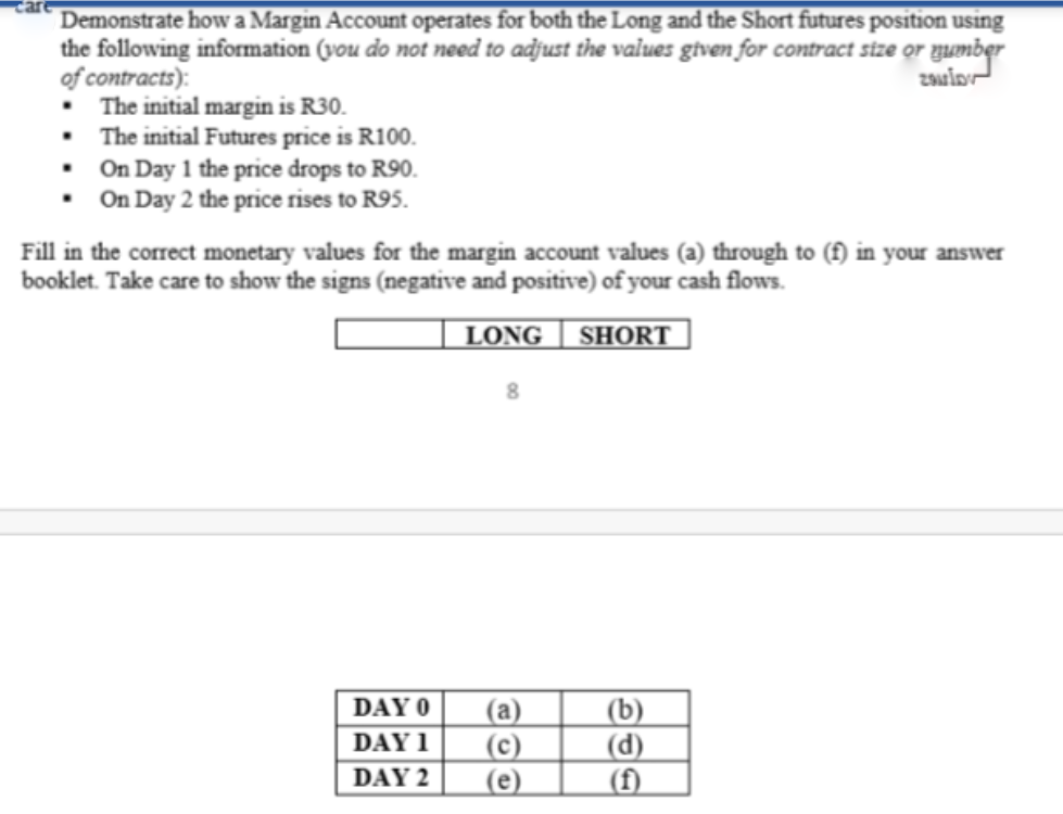 Demonstrate howa Margin Account operates for both the Long and the Short futures position using
the following information (vou do not need to adjust the values gtven for contract size or yumber
of contracts):
The initial margin is R30.
• The initial Futures price is R100.
• On Day 1 the price drops to R90.
• On Day 2 the price rises to R95.
Fill in the correct monetary values for the margin account values (a) through to (f) in your answer
booklet. Take care to show the signs (negative and positive) of your cash flows.
LONG | SHORT
DAY 0
(а)
(c)
(e)
(b)
(d)
(f)
DAY 1
DAY 2
