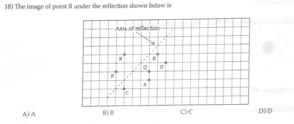 18) The image of point R under the reflection shown below is
Axis of reflection
P
A
A) A
B) B
C) C
D) D
