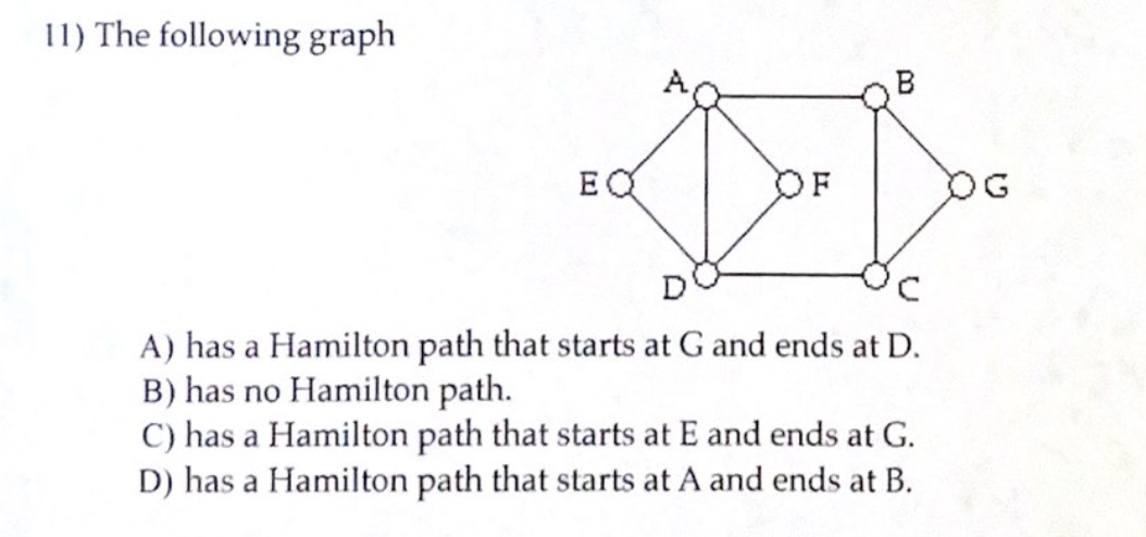 11) The following graph
EQ
OF
DG
A) has a Hamilton path that starts at G and ends at D.
B) has no Hamilton path.
C) has a Hamilton path that starts at E and ends at G.
D) has a Hamilton path that starts at A and ends at B.
