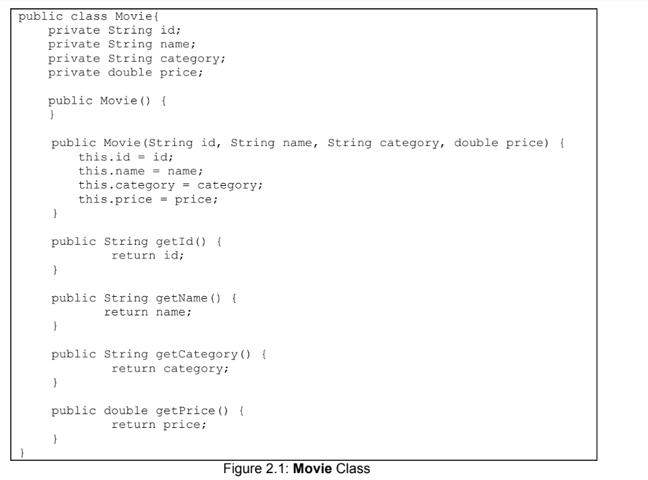 public class Movie{
private String id;
private String name;
private String category;
private double price;
public Movie () {
}
public Movie (String id, String name, String category, double price) {
this.id = id;
this.name
name;
this.category = category;
this.price = price;
}
public String getId() {
return id;
public String getName () {
return name;
public String getCategory()
return category;
public double getPrice () {
return price;
}
Figure 2.1: Movie Class
