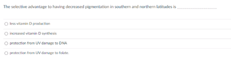 The selective advantage to having decreased pigmentation in southern and northern latitudes is
O less vitamin D production
O increased vitamin D synthesis
protection from UV damage to DNA
O protection from UV damage to folate.
