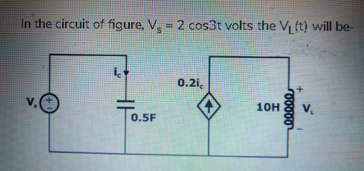 In the circuit of figure, V, 2 cos3t volts the V (t) will be-
0.2i.
V,
10H
V.
0.5F
