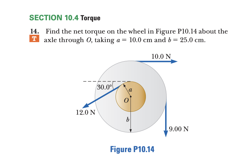 SECTION 10.4 Torque
Find the net torque on the wheel in Figure P10.14 about the
T axle through 0, taking a = 10.0 cm and b = 25.0 cm.
14.
10.0 N
30.0
a
12.0 N
,9.00 N
Figure P10.14
