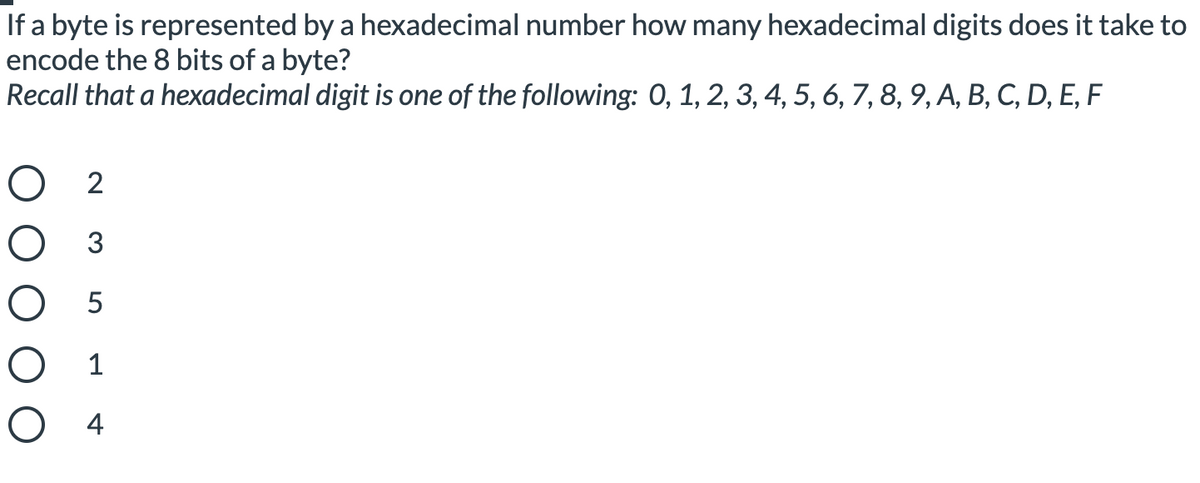If a byte is represented by a hexadecimal number how many hexadecimal digits does it take to
encode the 8 bits of a byte?
Recall that a hexadecimal digit is one of the following: 0, 1, 2, 3, 4, 5, 6, 7, 8, 9, A, B, C, D, E, F
О 2
Оз
О 5
О 1
O 4
