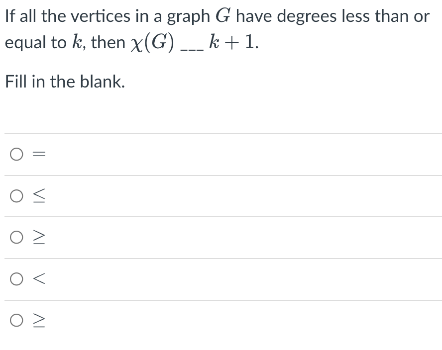 If all the vertices in a graph G have degrees less than or
equal to k, then x(G) _ k + 1.
Fill in the blank.
||
