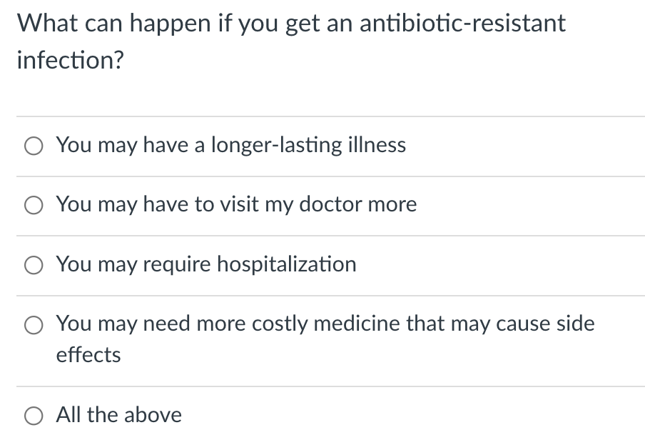 What can happen if you get an antibiotic-resistant
infection?
O You may have a longer-lasting illness
O You may have to visit my doctor more
O You may require hospitalization
O You may need more costly medicine that may cause side
effects
O All the above
