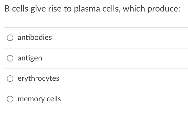 B cells give rise to plasma cells, which produce:
antibodies
O antigen
erythrocytes
O memory cells

