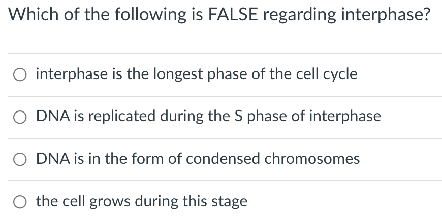 Which of the following is FALSE regarding interphase?
O interphase is the longest phase of the cell cycle
O DNA is replicated during the S phase of interphase
DNA is in the form of condensed chromosomes
the cell grows during this stage
