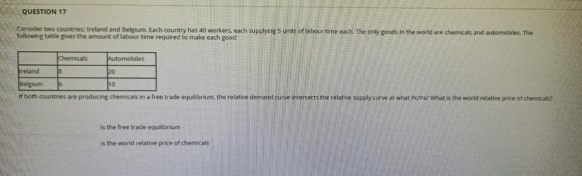 QUESTION 17
Consider two countries: Ireland and Belgium. Each country has 40 workers, each supplying 5 units of labour time each. The only goods in the world are chemicals and automobiles. The
following table gives the amount of labour time required to make each good:
Chemicals
Automobiles
Ireland
8
20
Belgium
10
If both countries are producing chemicals in a free trade equilibrium, the relative demand curve intersects the relative supply curve at what Pc/Pa? What is the world relative price of chemicals?
is the free trade equilibrium
is the world relative price of chemicals
