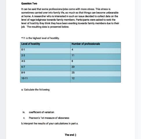 Question Two
It can be said that some professions/jobs come with more stress. This stress is
sometimes carried over into family life, so much so that things can become unbearable
at home. A researcher who is interested in such an issue decided to collect data on the
level of rage/edginess towards family members. Perticipants were asked to rank the
level of hostility they think they have been exerting towards family members due to their
job. The resulting data is presented below.
*11 is the highest level of hastility.
Level of hostililty
Number of professionala
0-1
4.
23
11
4-5
6-7
20
8-9
25
10-11
12
a. Calculate the following:
iv. coefficient of variation
v. Pearson's 1st measure of skewness
b.Interpret the results af your calculations in part a.
The end :)
